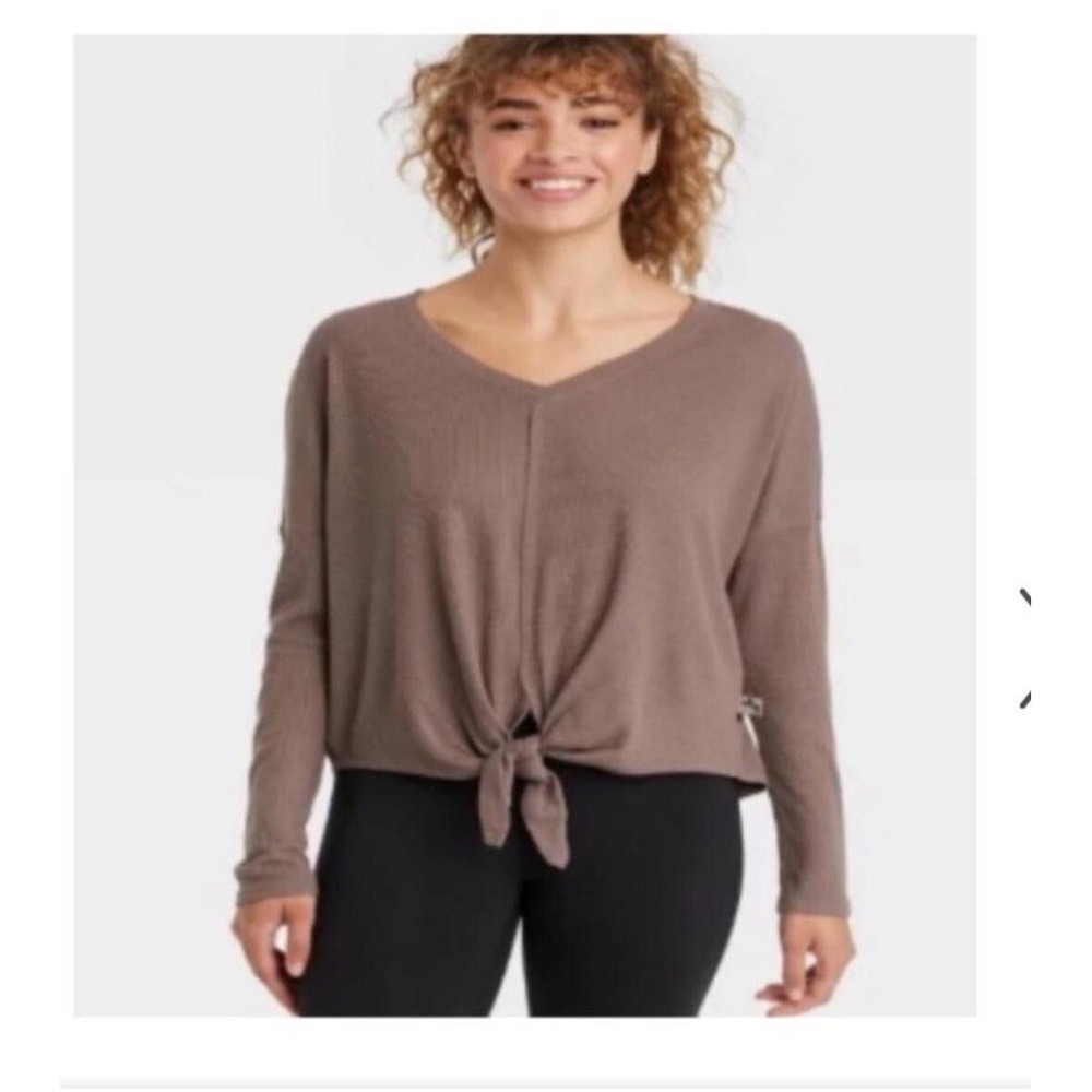 Joy Lab Womens Long Sleeve Tee Shirt Tie Front Iron Color Waffle Knit Size L